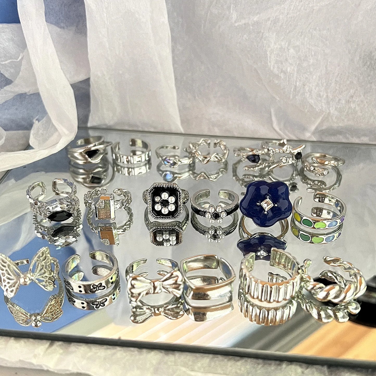 ヴィンテージ シルバーメッキ クロスリングセット レディース ゴシック パンク スチームパンク バタフライリングセット パーティー ファッション ジュエラー