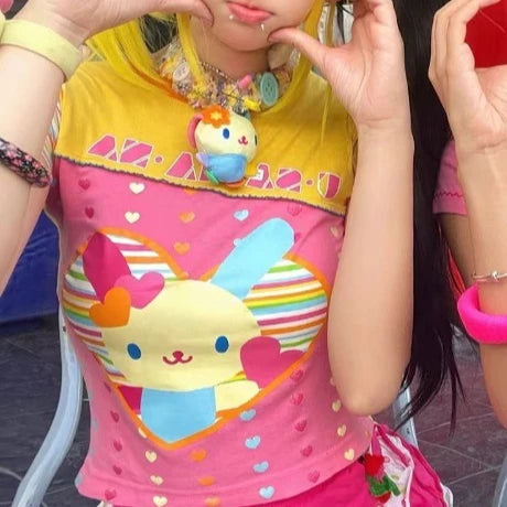 日本のレトロドーパミン半袖Tシャツかわいい漫画ウサギプリントTシャツ夏レディーススリムスイートサブカルチャー服トップス