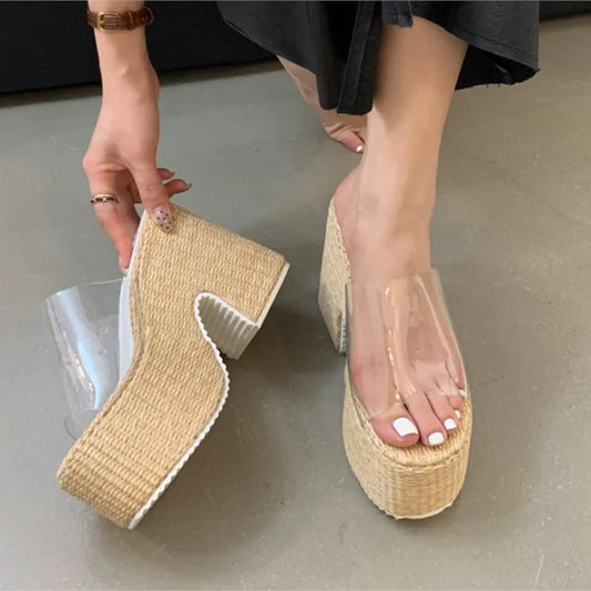 12cm Chunky Heeled Slippers 6cm Platform Block Heels Sandals Women Beach Shoes Summer Clear Sandals