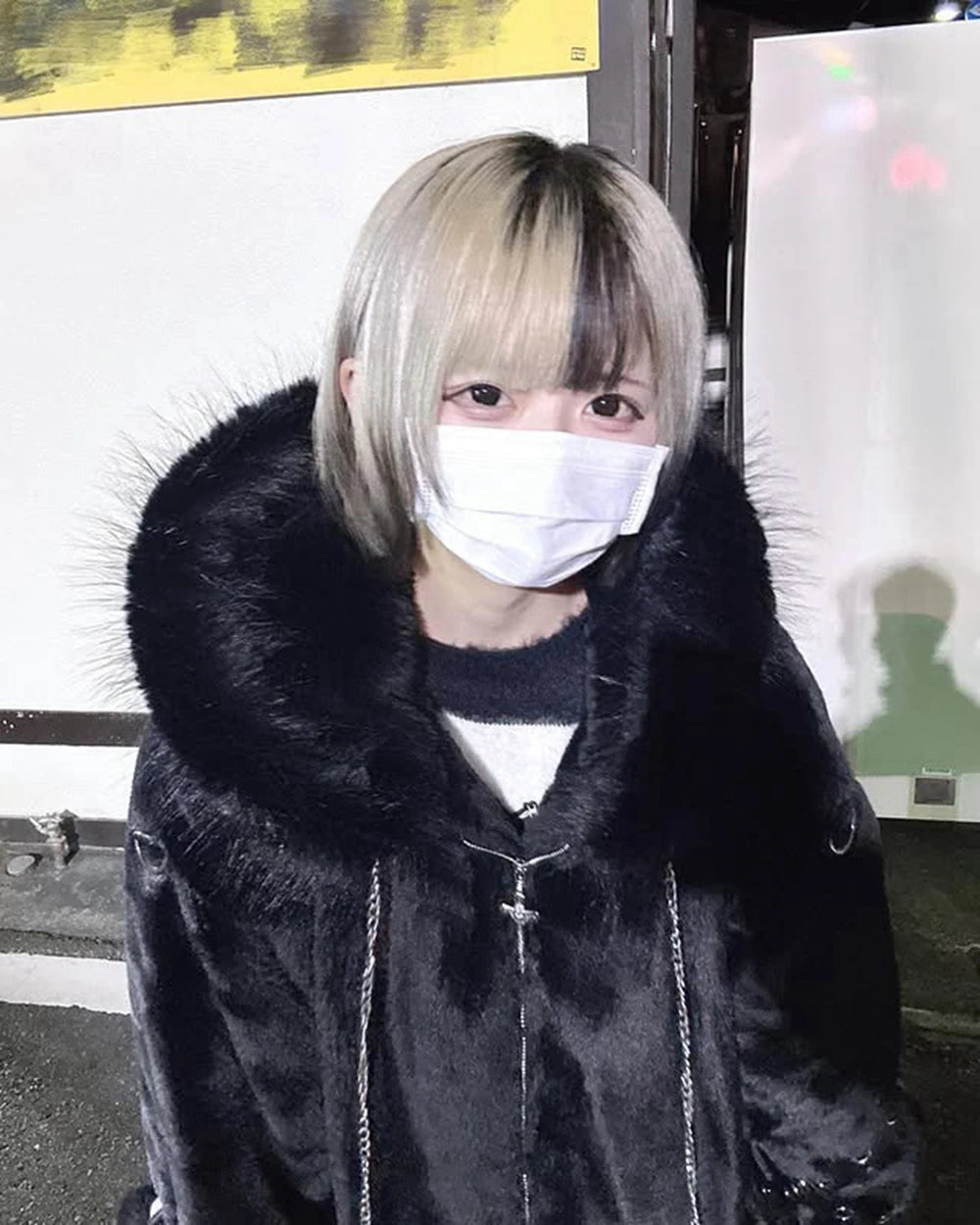 日本製マインシリーズ リベットクロス シープイヤー フード付きジャケット 冬物 新作 ゴスパンク ダークガールズ イミテーションファー プラッシュコート レディース