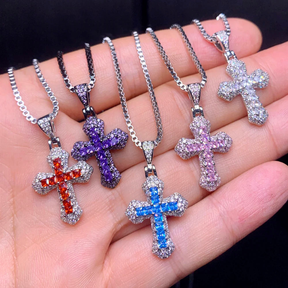 2025 ピンク レッド ホワイト パープル ブルー 5色 キュート ミニ スモール カラフル CZ クロス ペンダント ネックレス ヒップホップ メンズ レディース ファッション ジュエリー
