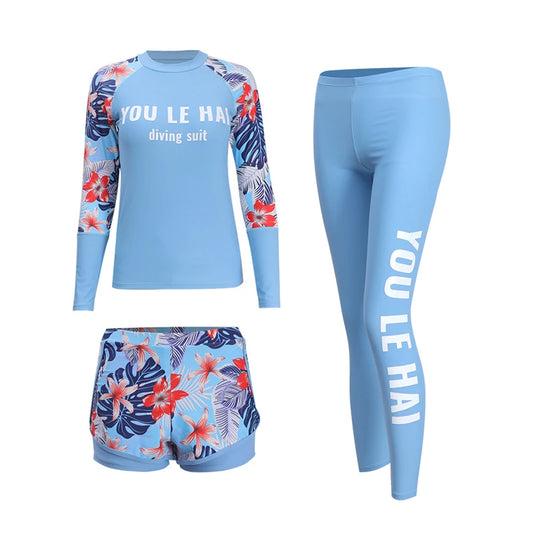 Women's 3pcs/set Printed Long Sleeve Rashguard UV Sun Protection Surf Shirt With Pants Shorts Full Body Bathing Suit Dive Skin