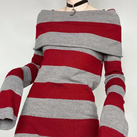 Women Autumn Off Shoulder Mini Sweater Dress Knit Bodycon Long Sleeve Off Shoulder Short Dress Y2k Ribbed Pullover Tunic Dress