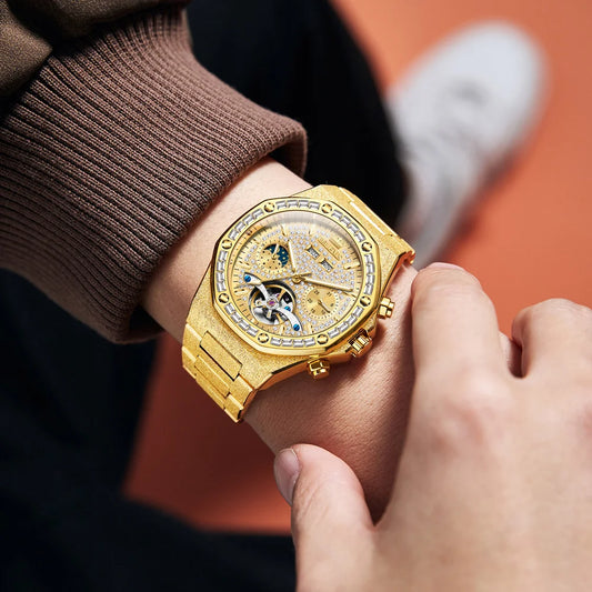 OLEVS Gold Steel Mens Watches Top Brand Automatic Mechanical Luxury Watch Sport Waterproof Tourbillon Wrist Watch Reloj Hombre