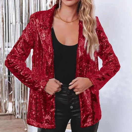 Women Autumn Shinny Sequins Long Sleeved Blazer Casual Party Jacket Coat Fall Rave Outerwear Blazer Carnival Ladies Suit Jacket