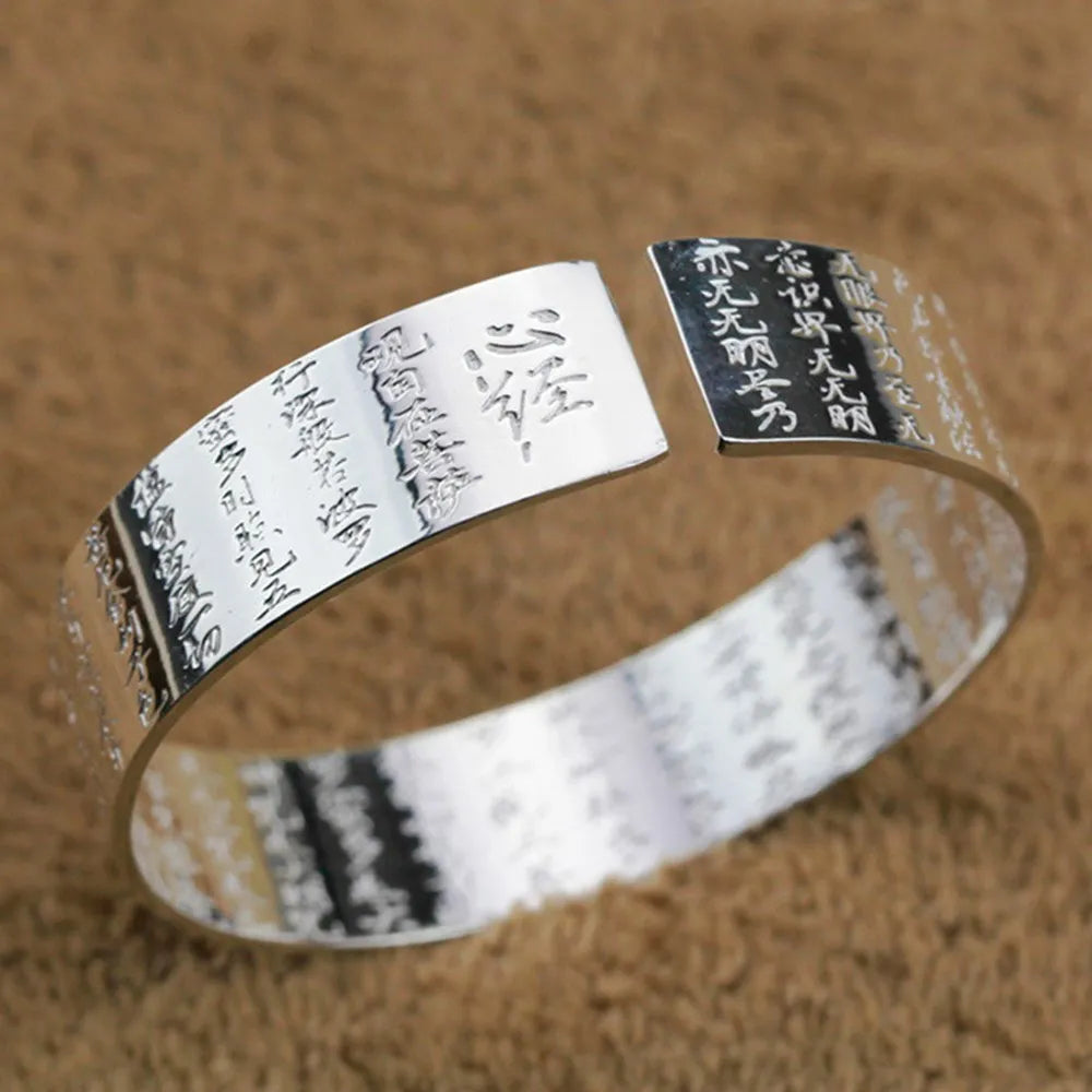 925スターリングシルバー 新作 レディース メンズ ファッションジュエリー レトロ 蓮の彫刻 仏教経典 祝福ブレスレット