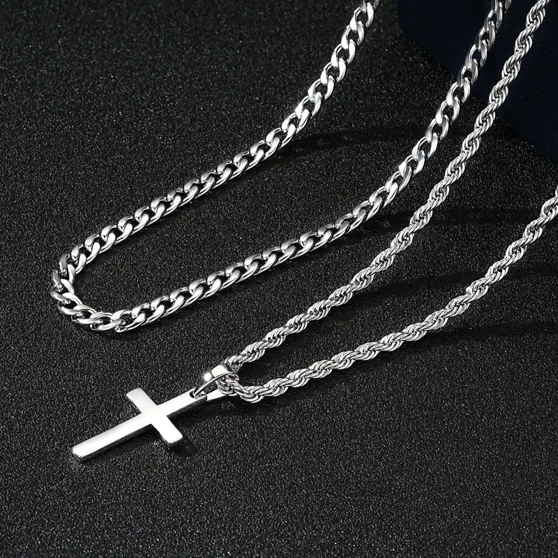 RAPRGOLD 925スターリングシルバークロスペンダントネックレス男女兼用ダブルレイヤーキューバロープチェーンファインジュエリーギフト