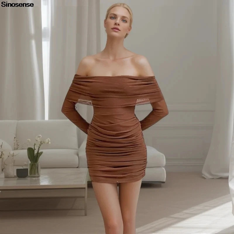 Womens Elegant Evening Cocktail Party Mini Dress Sexy Sheer Mesh Long Sleeve Off Shoulder Ruched Slim Bodycon Night Club Dress