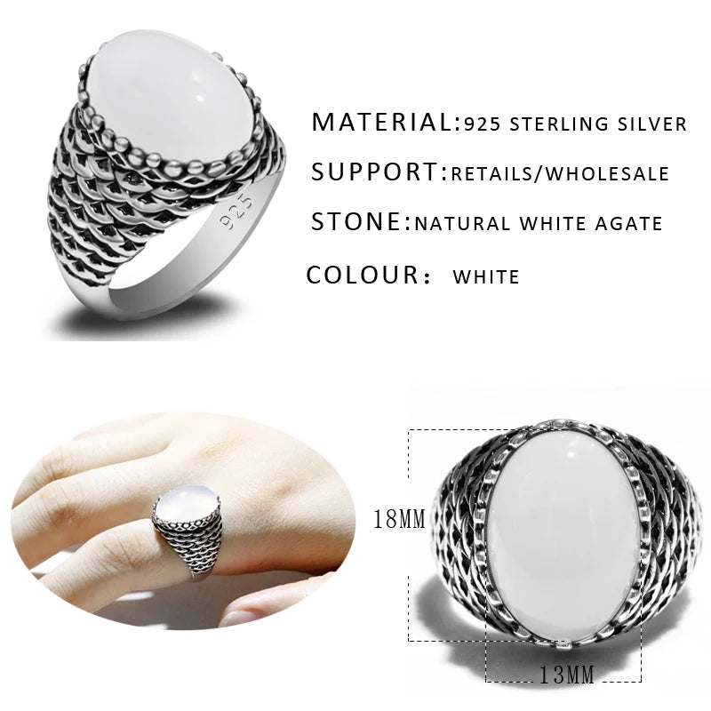S925スターリングシルバーリングトルコメンズハンドメイドジュエリーギフト天然ホワイトアゲートヴィンテージパンクラグジュアリーホリデーギフト