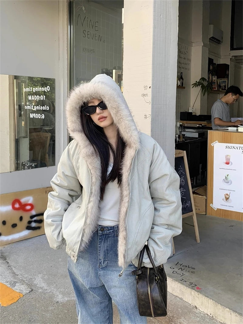 ZAROY レディース&amp;メンズ 冬用ジャケット Y2K ストリートウェア ファーカラー フード付き カジュアル ルーズコート 暖かい 原宿系 パーカー ゴシック パーカー куртк