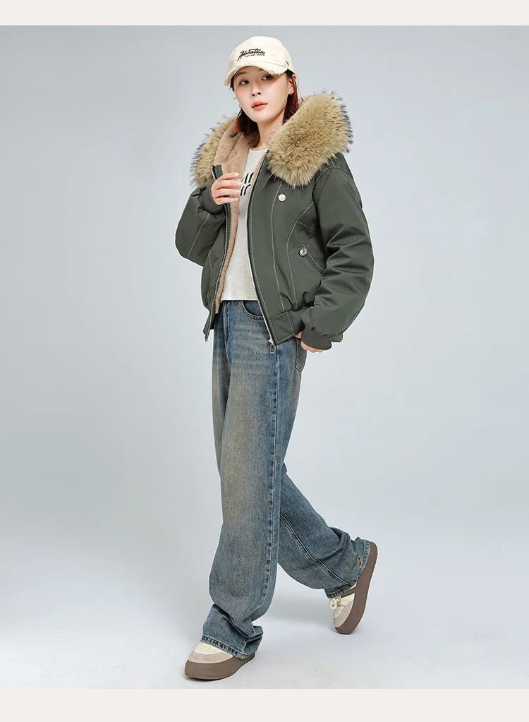 アメリカンスタイル レトロ ファーカラー イミテーションミンクファー フード付き コットンパッド入り ジャケット レディース&amp;メンズ ゴシック ヒップホップ カジュアル ジッパー パーカー