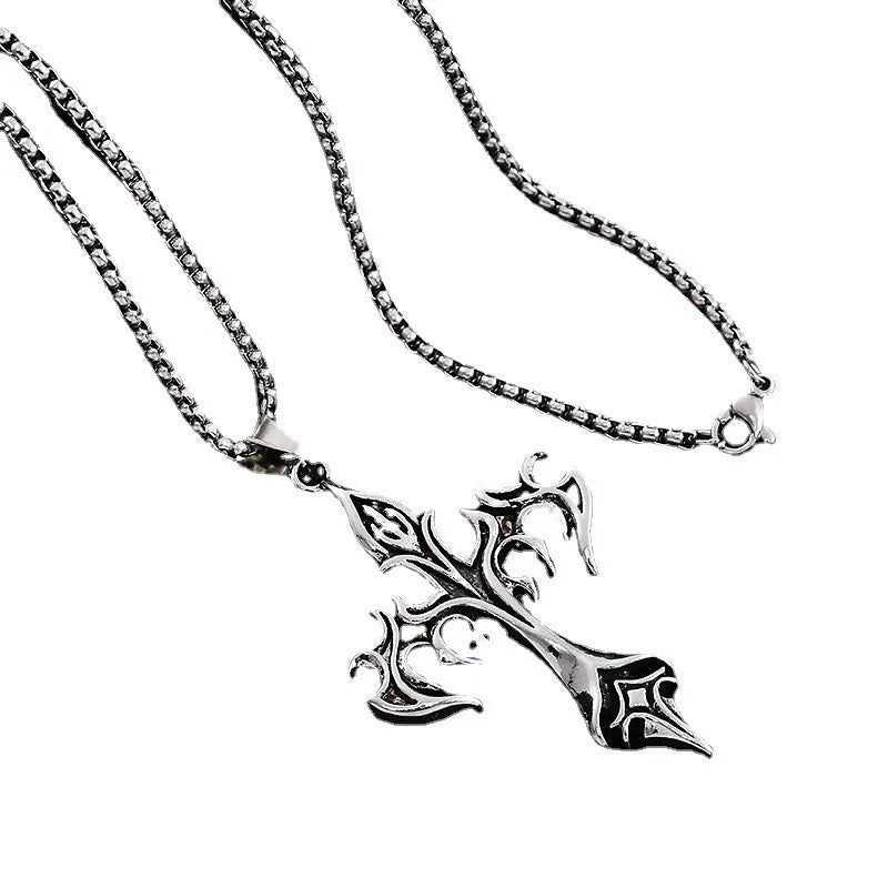 ファッションヴィンテージフレイムクロスペンダントネックレスレディースメンズロングチェーンパンクゴストレンディアクセサリーチョーカーゴシックジュエリー