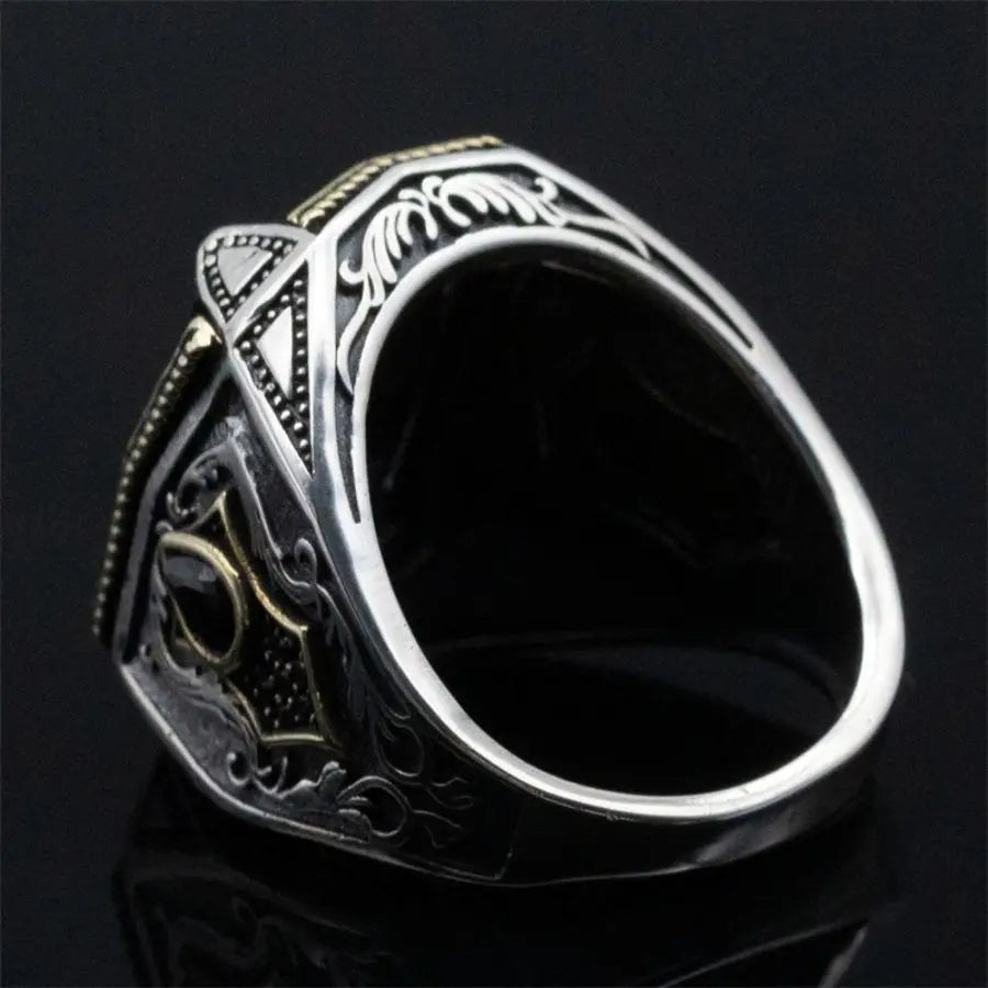 オリジナル925スターリングシルバーの圧倒的なトルコ風デザインメンズリング、ブラックキュービックジルコニアストーン付き