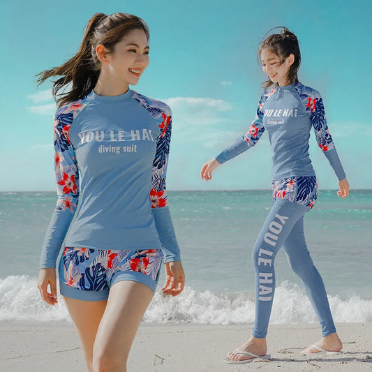 Women's 3pcs/set Printed Long Sleeve Rashguard UV Sun Protection Surf Shirt With Pants Shorts Full Body Bathing Suit Dive Skin