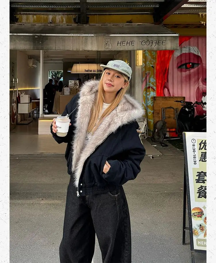 アメリカンレトロファーカラーフード付きジャケット レディース Y2K ストリートウェア 冬物 新作 ベルベット 厚手 暖かい 原宿系 ゆったり カジュアル ジャケット