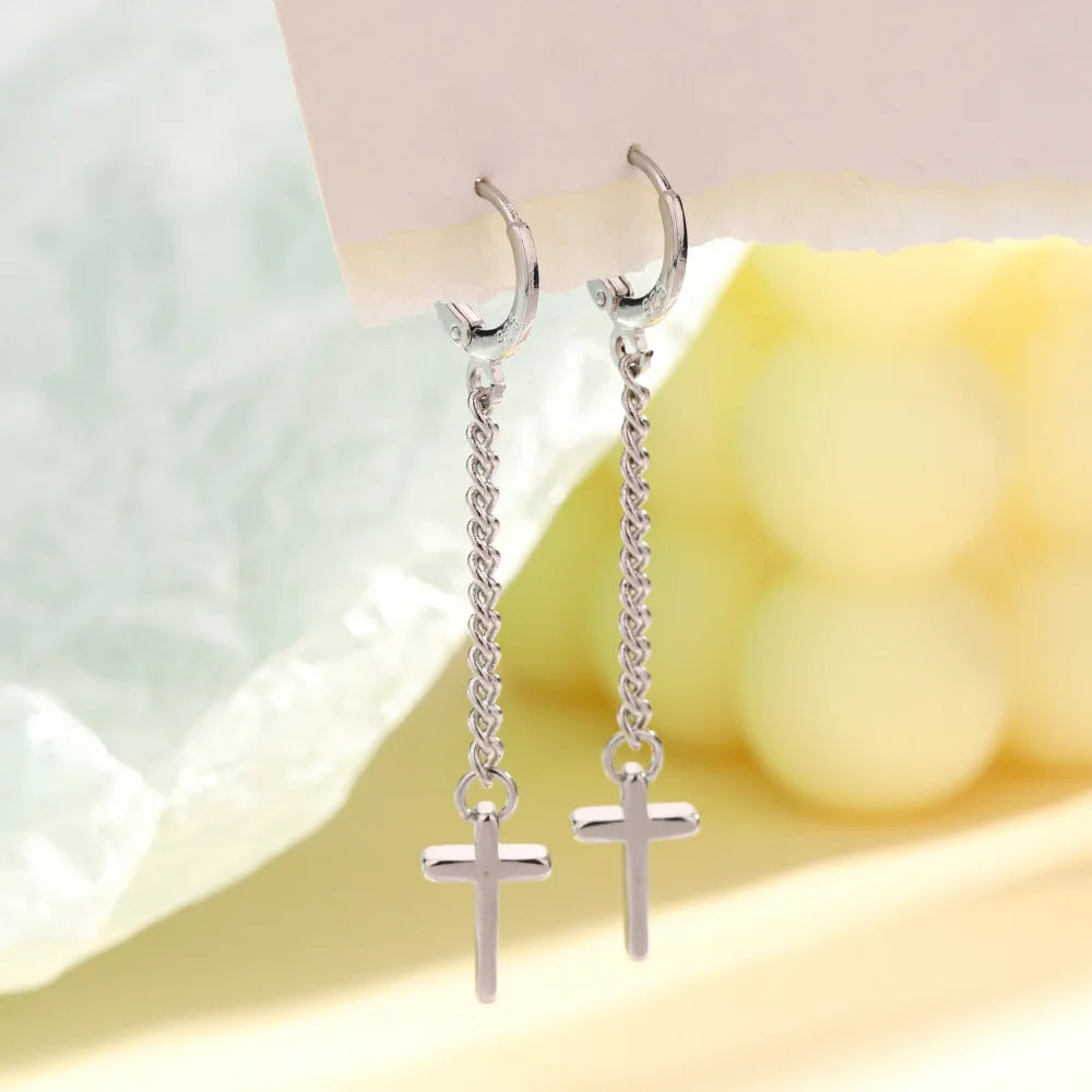 リアルマネー 925 スターリングシルバー ロングタッセル クロスライン フープピアス レディース ウェディングパーティーギフト ジュエリー