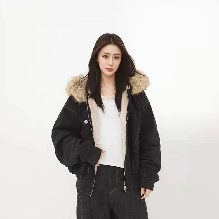 アメリカンスタイル レトロ ファーカラー イミテーションミンクファー フード付き コットンパッド入り ジャケット レディース&amp;メンズ ゴシック ヒップホップ カジュアル ジッパー パーカー