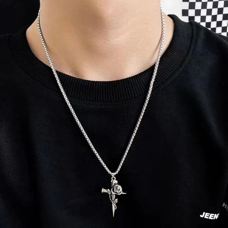 Vintage Rose Flower Cross Personality Trendy Jewelry for Men and Women Long Necklace Hip Hop Couple Alloy Pendant Sweater Chain