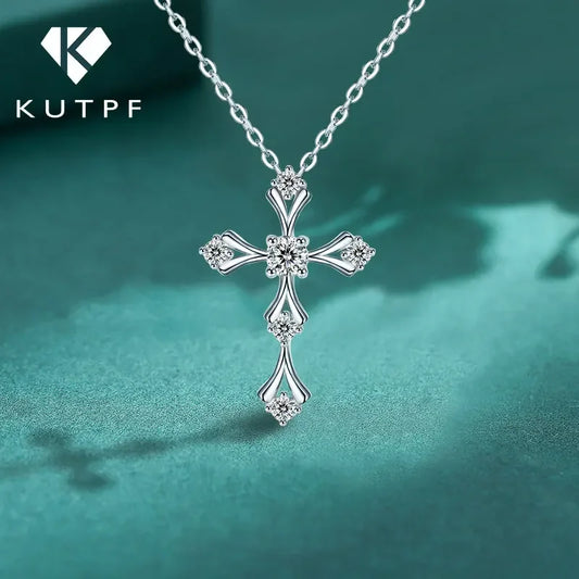 Crucifix Faith Cross Moissanite Pendant Necklace White Gold Plated 925 Sterling Silver Unisex Jewelry Hip Hop Goth Style Gift