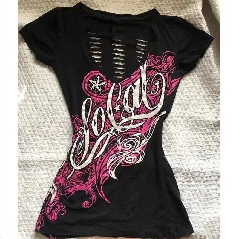 2000年代ヴィンテージY2Kクロップトップレディース半袖スリムプリントTシャツサブカルチャー原宿系ファッション韓国パンクゴシックTシャツアウターウェア