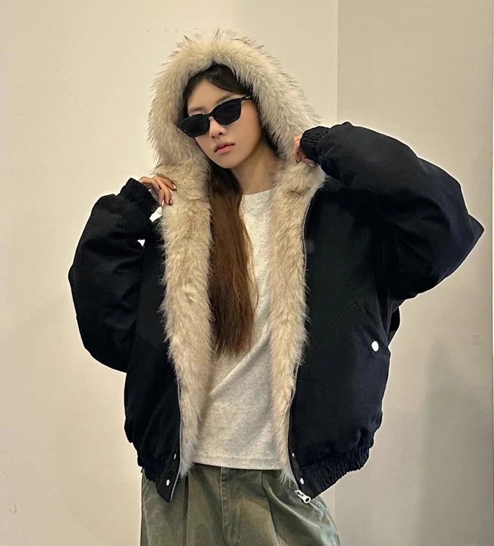 ZAROY レディース&amp;メンズ 冬用ジャケット Y2K ストリートウェア ファーカラー フード付き カジュアル ルーズコート 暖かい 原宿系 パーカー ゴシック パーカー куртк