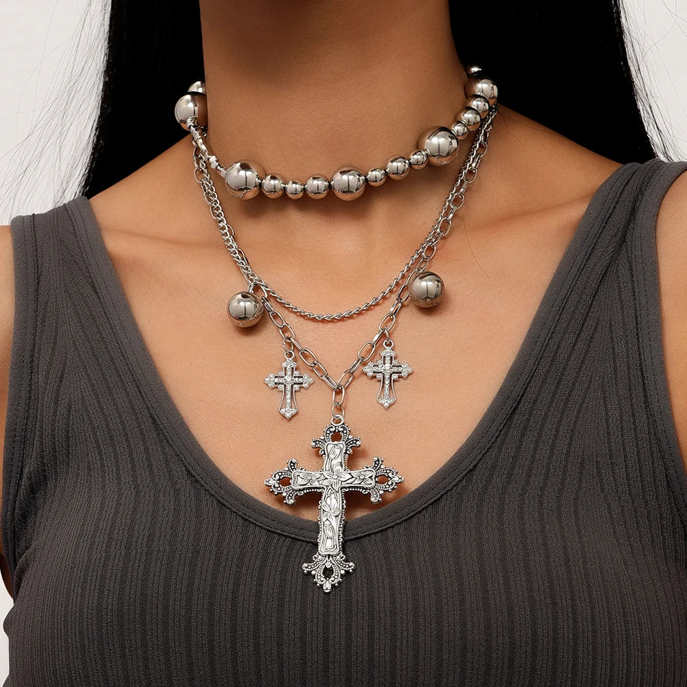クールなゴシッククロスペンダントネックレス。レディース・メンズ用。多層ビーズチョーカーネックレス。ヒップホップ・パンクジュエリーギフト。