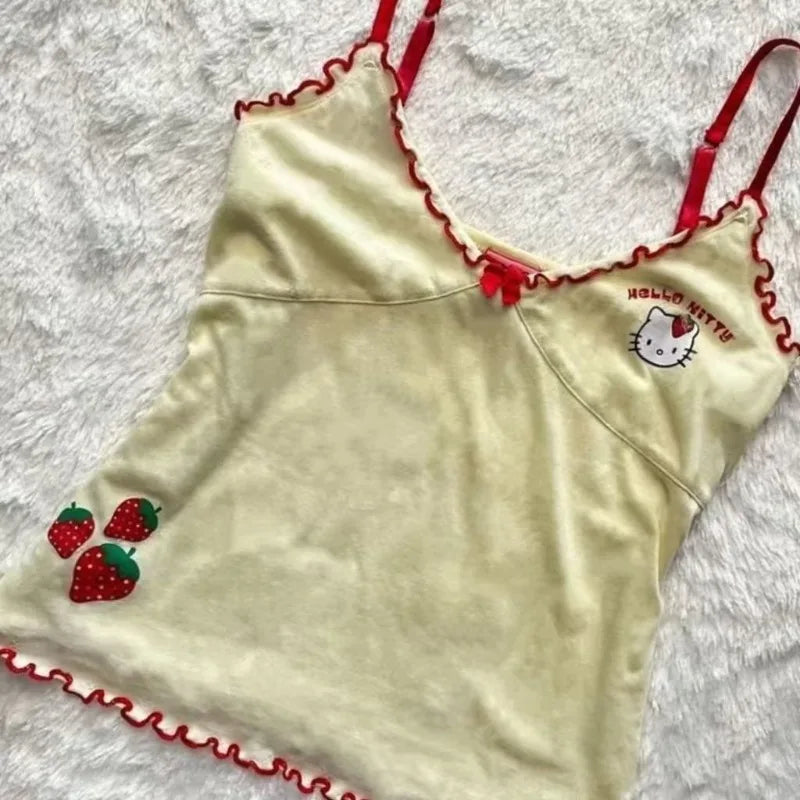 Y2K セクシーキャミソール 日本のサブカルチャー かわいい漫画子猫プリントタンクトップ ドーパミン フリルデザイン ホルターベスト スイートショートトップ