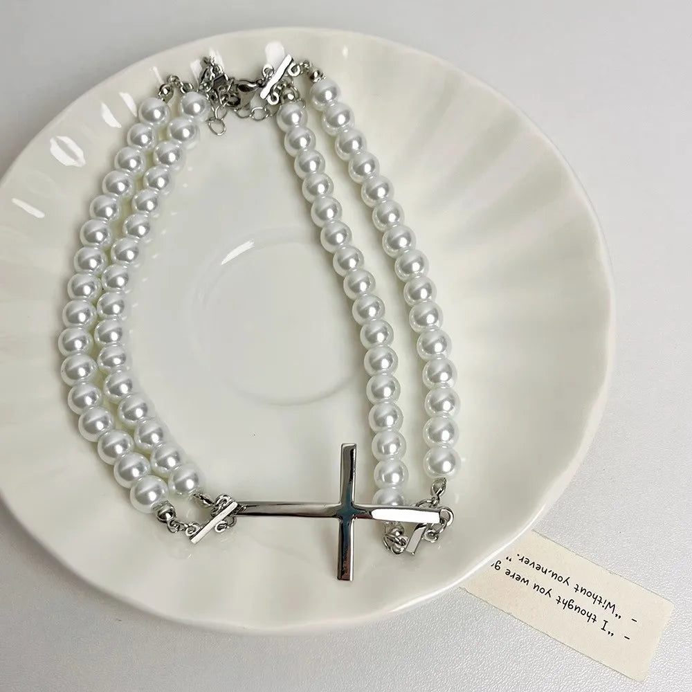 2024 New Pearl Cross Necklace Beaded Punk Cool Unisex Couple Trendy Neck Accessories Choker for Women Men Jewelry