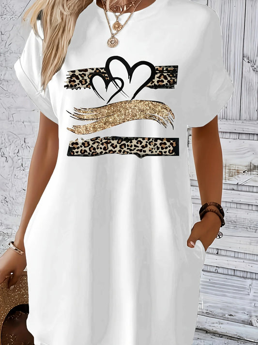 Women'S Casual Knit TShirt Dress with Heart  Print Crew Neck Short Sleeve Fashionable Top Black with Colorful Flag Design