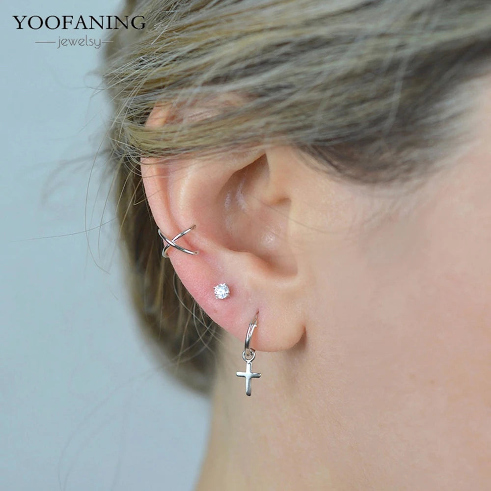 925スターリングシルバーイヤーニードルハイエンドミニマリストゴールドシルバーフープイヤリングクロスシェイプイヤリングメンズ/レディースジュエリーパティ