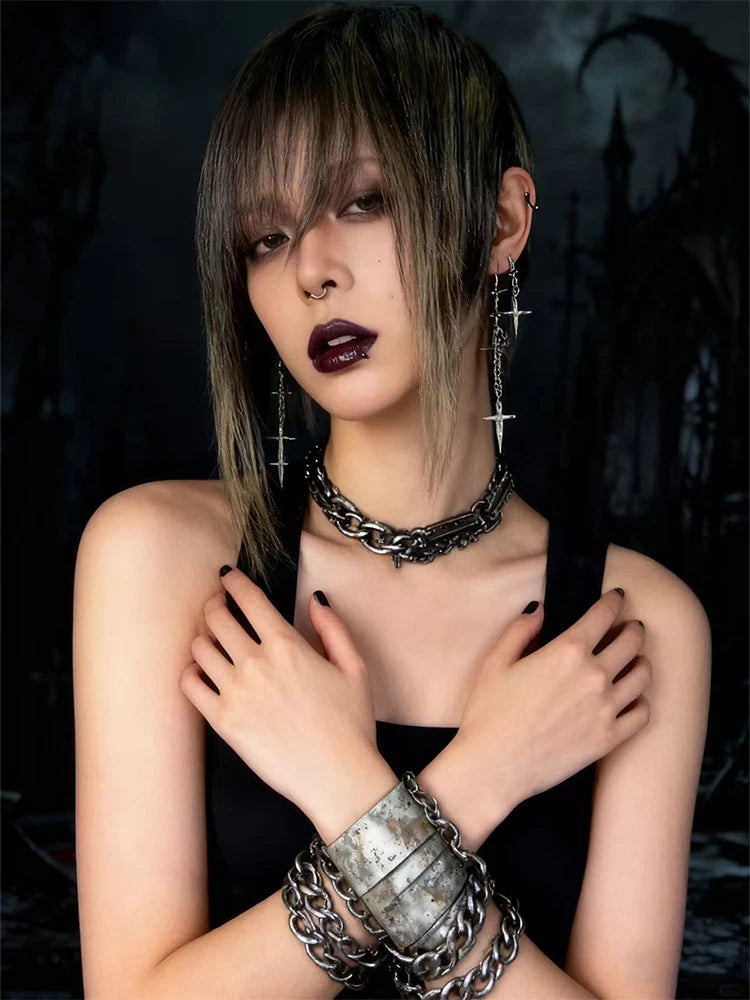 クロスチェーンダングルイヤリング、ユニークなジュエリーアクセサリー、ゴシックパンクスタイル、男女兼用