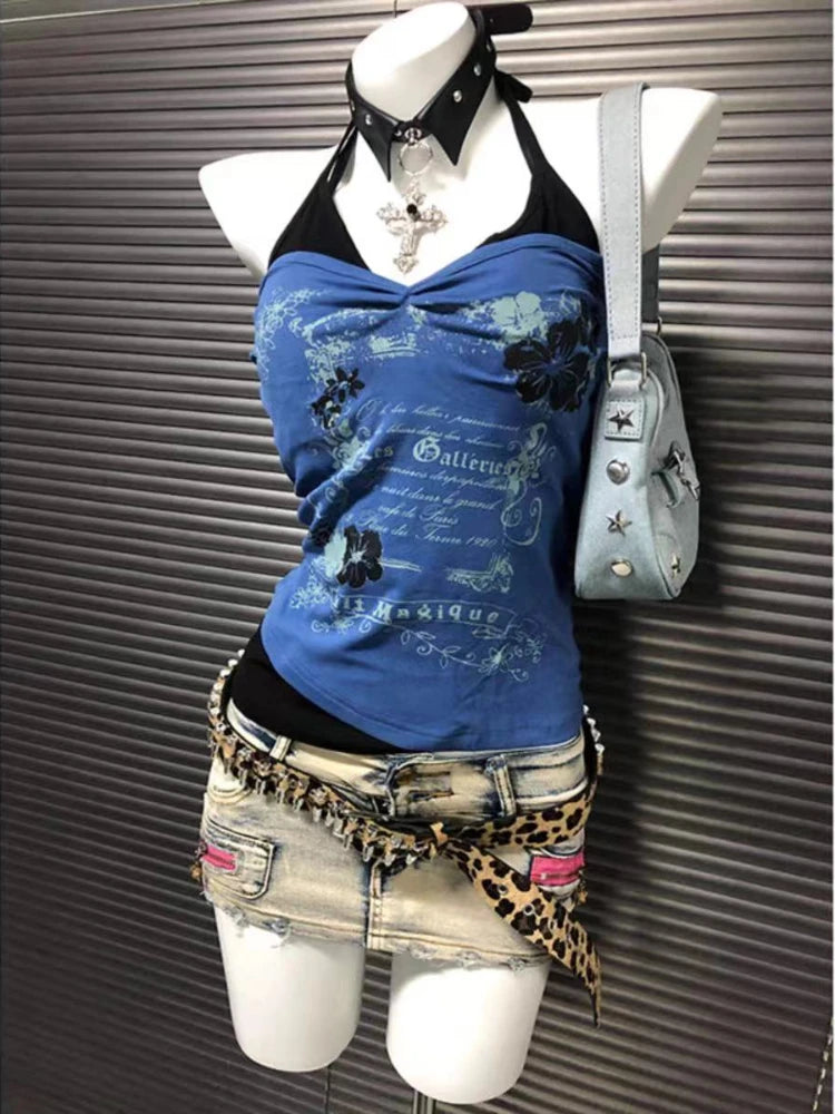 サブカルチャー パンク ヴィンテージ Y2K フェイクツーピース ホルターネック トップス レディース セクシー ゴシック アメリカン レトロ カジュアル シック ラップ チェストタンクトップ ブラック Tシャツ