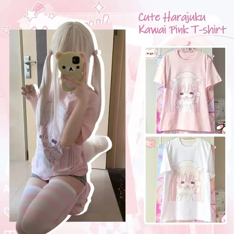 Y2k Women Clothing Cute Cartoon Summer Short Sleeve Tops Loose Anime Print Subculture T Shirts Haraiuku New Kawaii Sweet Tees