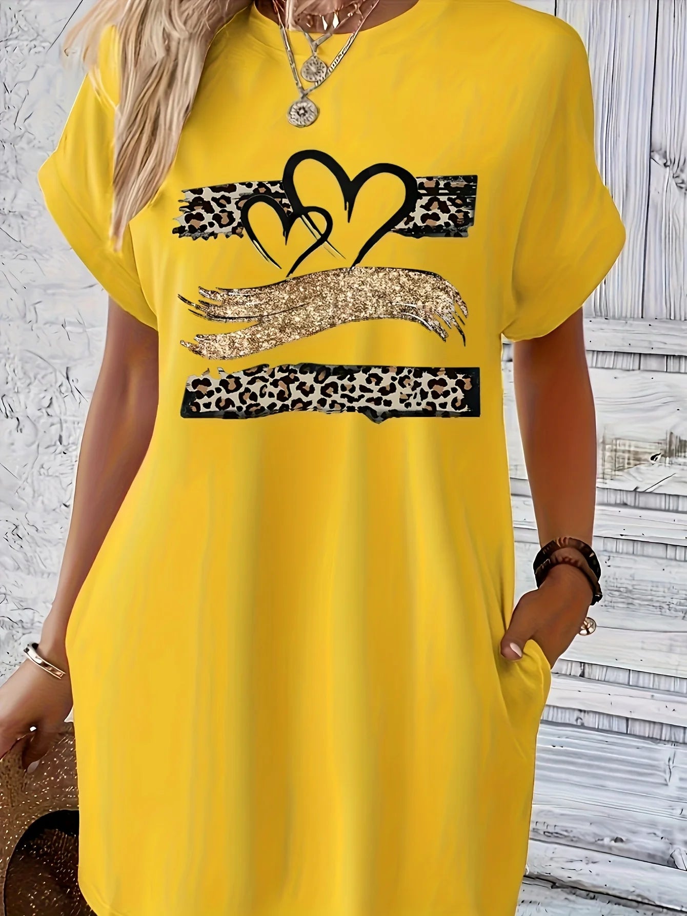 Women'S Casual Knit TShirt Dress with Heart  Print Crew Neck Short Sleeve Fashionable Top Black with Colorful Flag Design
