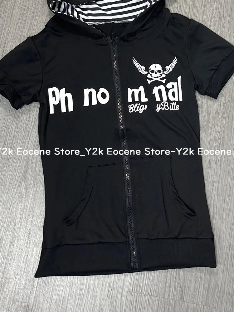 Y2K サブカルチャー スカルプリント ジップカーディガン 半袖 レディース 日本製 スリムフィット ストライプ パーカー カジュアル トップス ファッション ストリートウェア