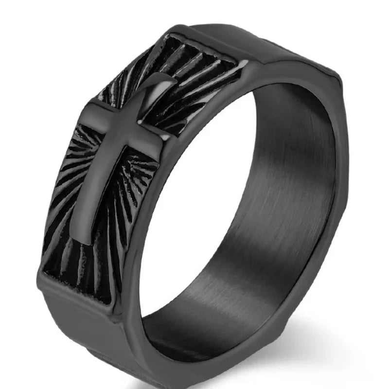 ヴィンテージ ホーリーライト クロスリング メンズ ステンレススチール タリスマンリング 宗教的信仰ジュエリー イースター ハロウィン 感謝祭ギフト