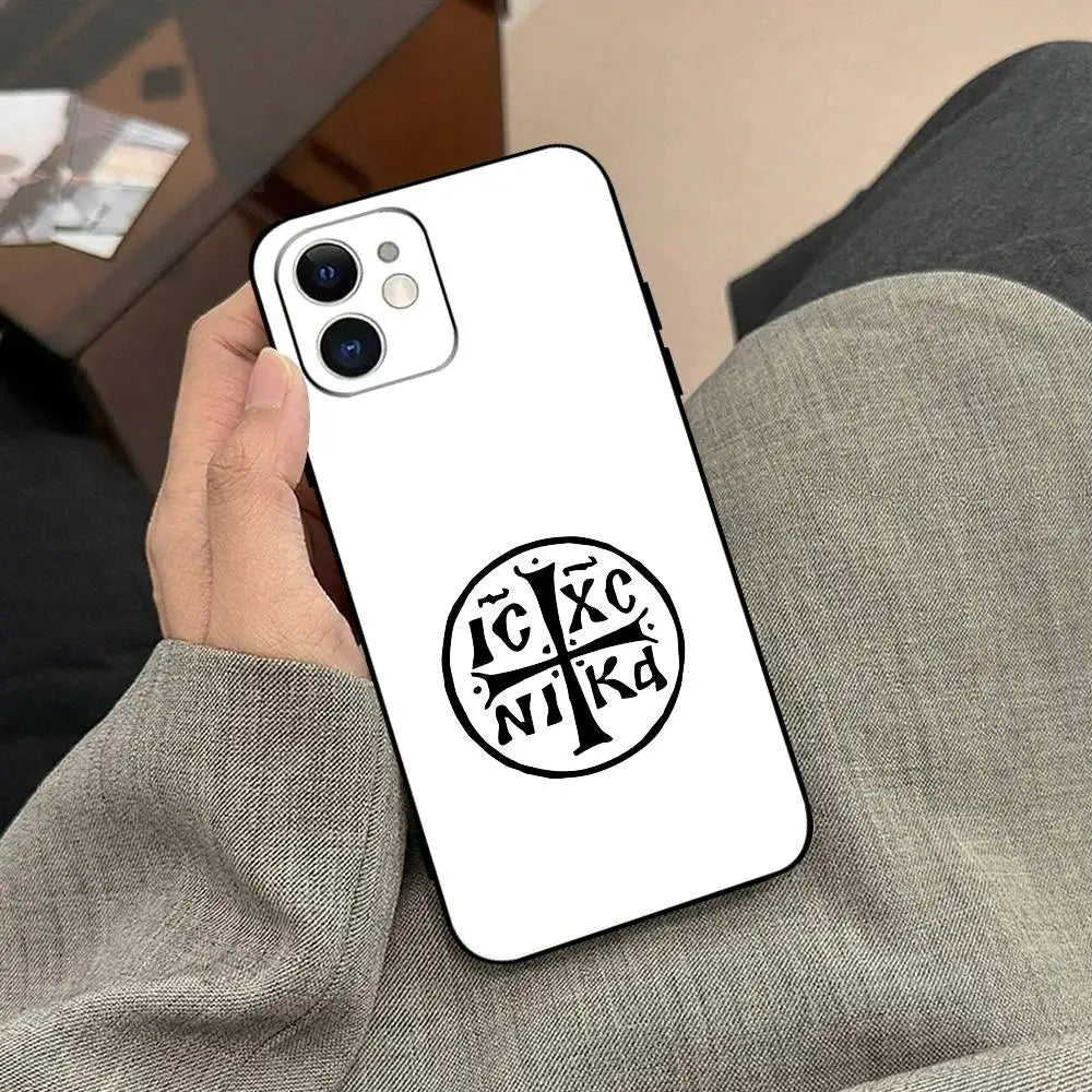 正教会の十字架アイコン教会電話ケース ブラック iPhone 17/16/15/13/14 Pro Max/ 11Plus/X/Xr/Xs Max 13mini用