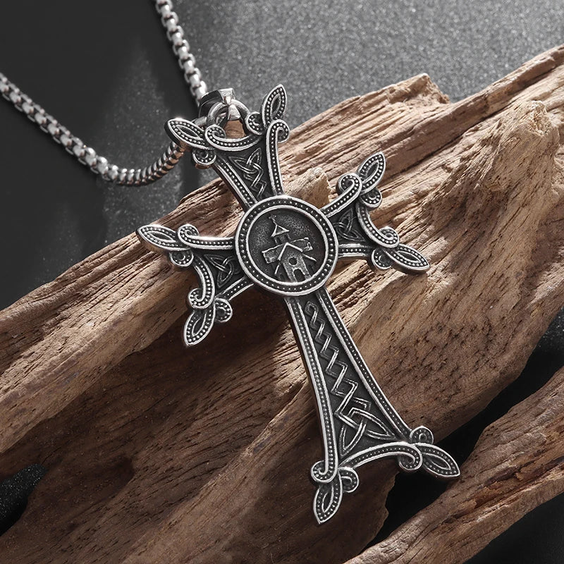 Stylish Valknut Celtic Cross Pendant Necklace Armenian Cross or Khachkar Cross Jewelry for Men