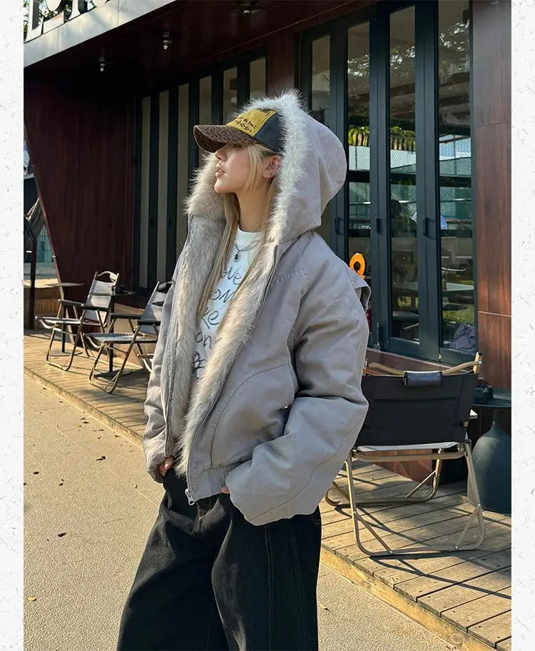 アメリカンレトロファーカラーフード付きジャケット レディース Y2K ストリートウェア 冬物 新作 ベルベット 厚手 暖かい 原宿系 ゆったり カジュアル ジャケット