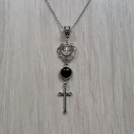 Cross Heart Necklace, Gothic jewelry, Vintage, black agate, Death Cross, Hollow Heart, Witchcraft accessories, For Women，Gift