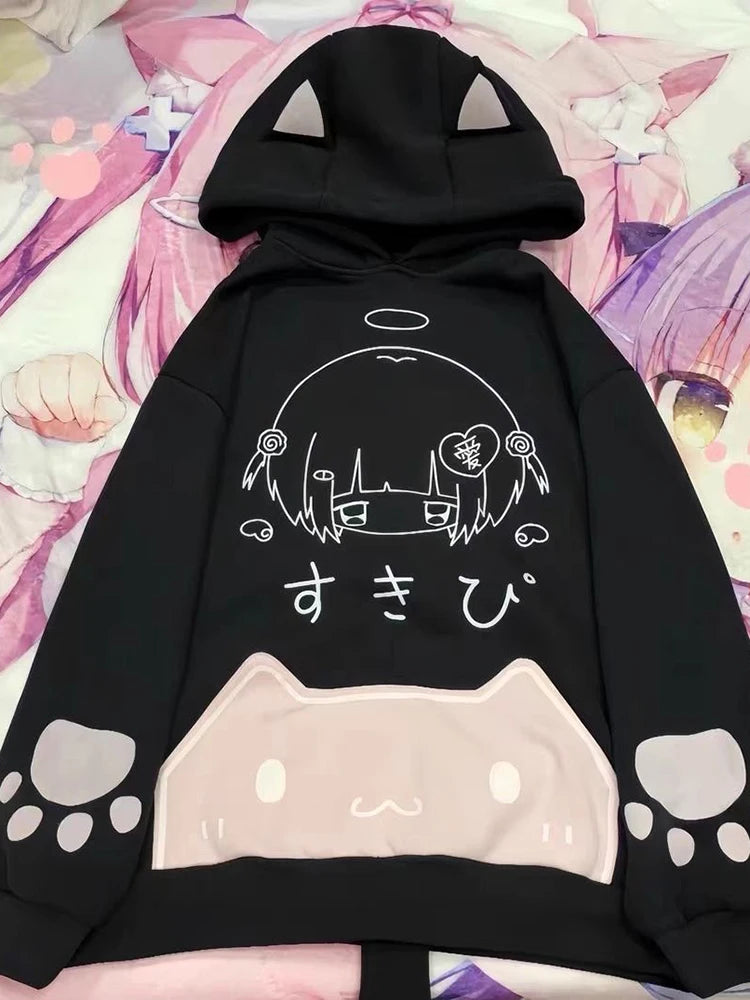 日本の漫画プリントパーカー サブカルチャー 甘くて可愛い猫耳 女性用フード付きスウェットシャツ 秋冬 原宿系 かわいい ゆったりトップス