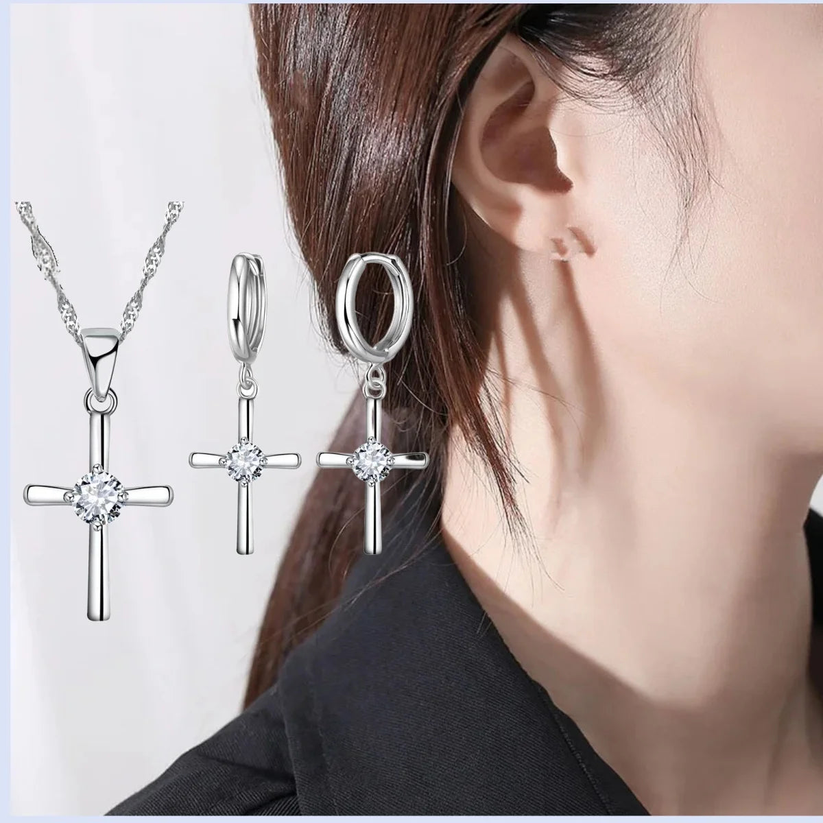 本物の925スターリングシルバークロスデザインキュービックジルコンペンダントネックレスイヤリングセットレディースガールズウェディングパーティージュエリーギフト