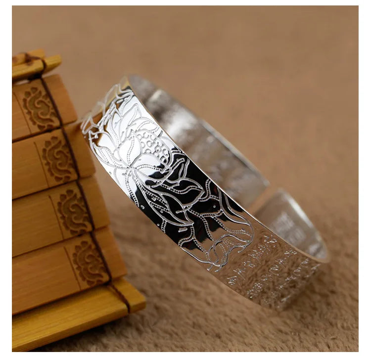 925スターリングシルバー 新作 レディース メンズ ファッションジュエリー レトロ 蓮の彫刻 仏教経典 祝福ブレスレット