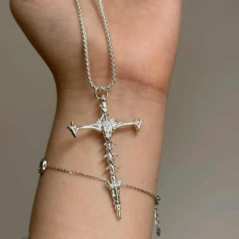 1/2Pcs Unisex Cross Pendant Necklace for Men Women Punk Silver Black Hip Hop Gothic Punk Long Pendant Necklace Jewelry Accessory