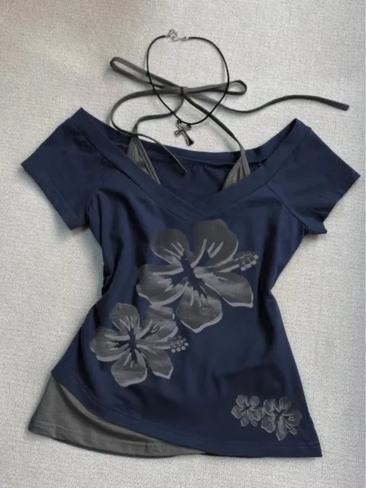 ヴィンテージ 原宿 Vネック バックレス Tシャツ レディース サマー グランジ カジュアル 女性用 Tシャツ パッチワーク Y2K クロップトップ サブカルチャー Tシャツ シック