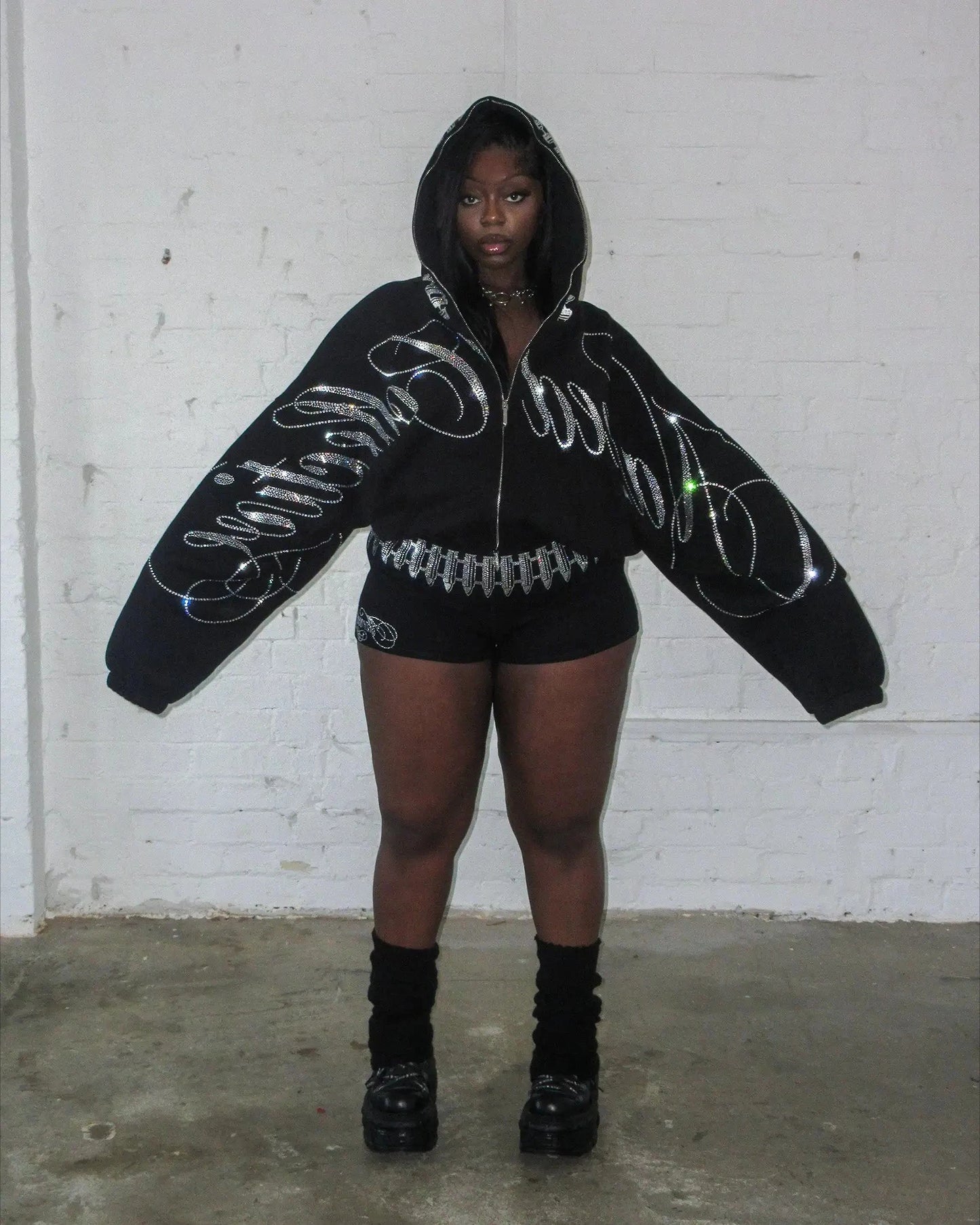 ヴィンテージ 2000年代 クロップド カジュアル ジャケット ヒップホップ レター シャイン ラインストーン オーバーサイズ ジッパー パーカー スウェットシャツ Y2K レディース パーカー