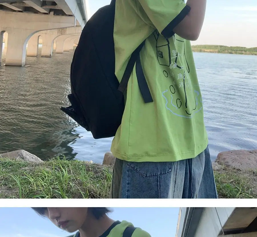 日本のサブカルチャー かわいい猫プリント 半袖Tシャツ レディース 夏 ヴィンテージ グリーン カジュアル ゆったり スウィートガール Y2K トップス