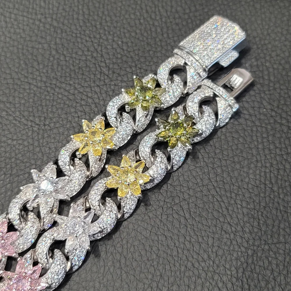 ファッションなアイスアウト カラフルフラワーネックレスチェーン 豪華なリンククロスチェーン レディース ヒップホップジュエリー 女の子 誕生日プレゼント