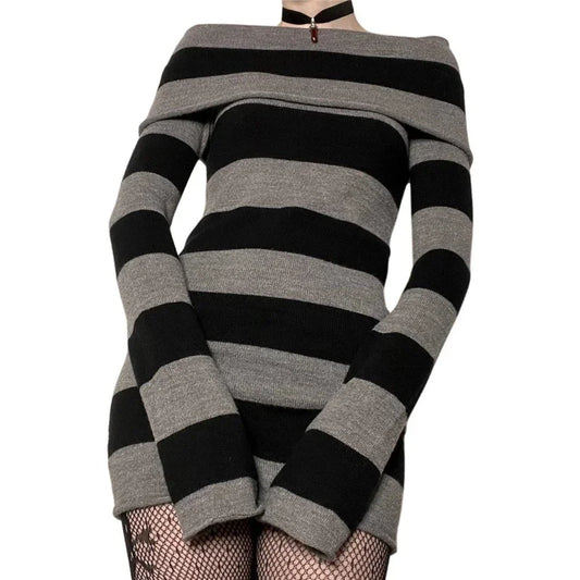 Women Autumn Off Shoulder Mini Sweater Dress Knit Bodycon Long Sleeve Off Shoulder Short Dress Y2k Ribbed Pullover Tunic Dress