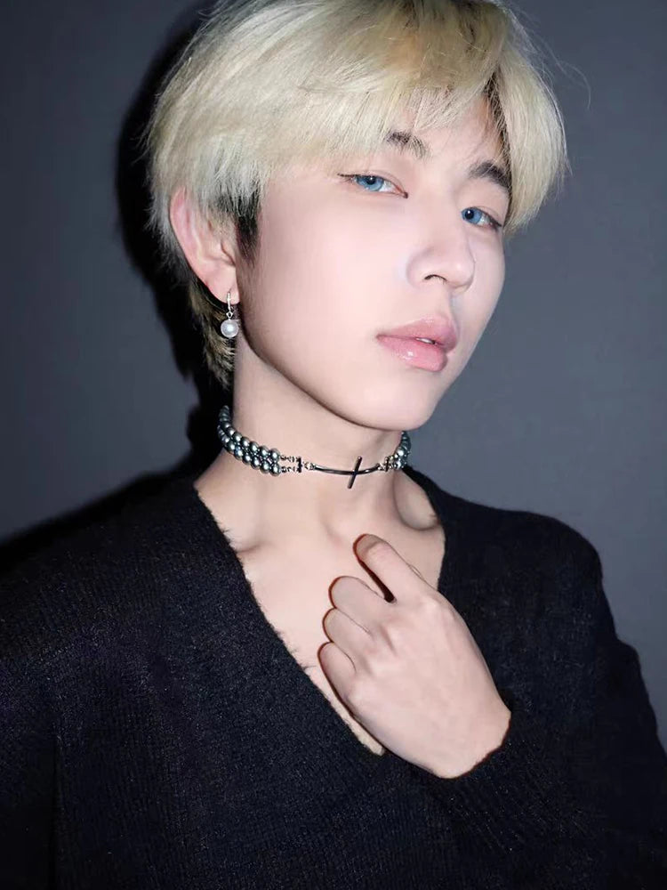 2024 New Pearl Cross Necklace Beaded Punk Cool Unisex Couple Trendy Neck Accessories Choker for Women Men Jewelry